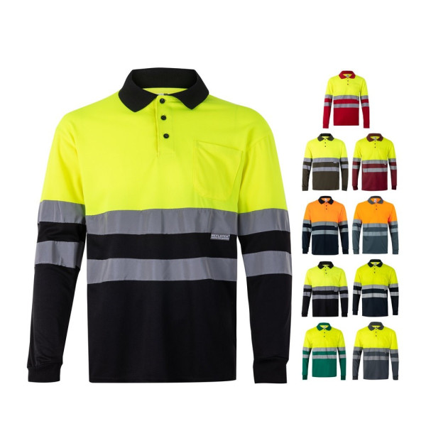 VL VULCAN. Zweifarbiges Poloshirt im Bird-Eye-Design (160g/m²) mit langen Ärmeln, aus Polyester (100