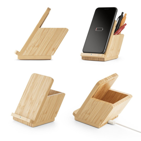 LEAVITT. Smartphone- und Kugelschreiberhalter mit 10W wireless Schnellladegerät aus Bambus