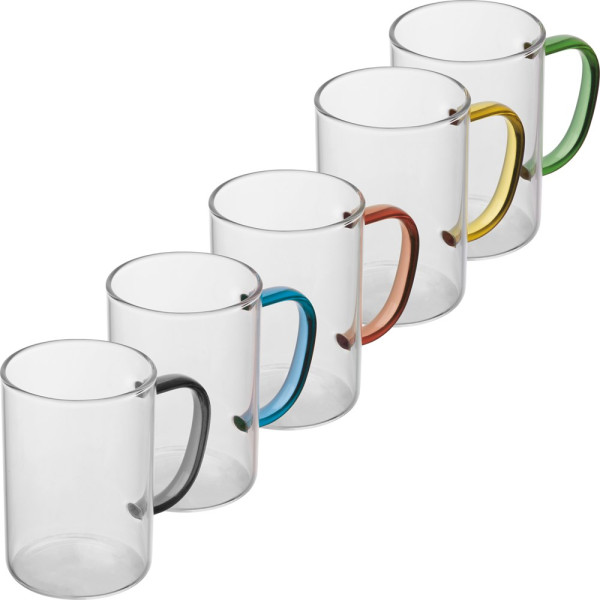 Glastasse mit farbigem Henkel, 250ml