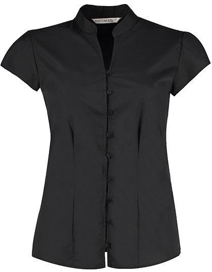 Kustom Kit - Tailored Fit Mandarin Collar Poplin Blouse Cap Sleeve