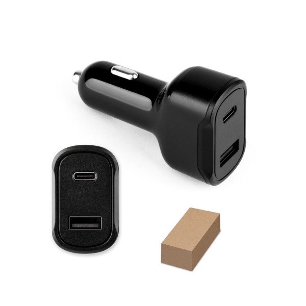 DIRAC. KFZ-Ladegerät mit USB-A Anschluss 18W und USB-C 20W in 100% rABS